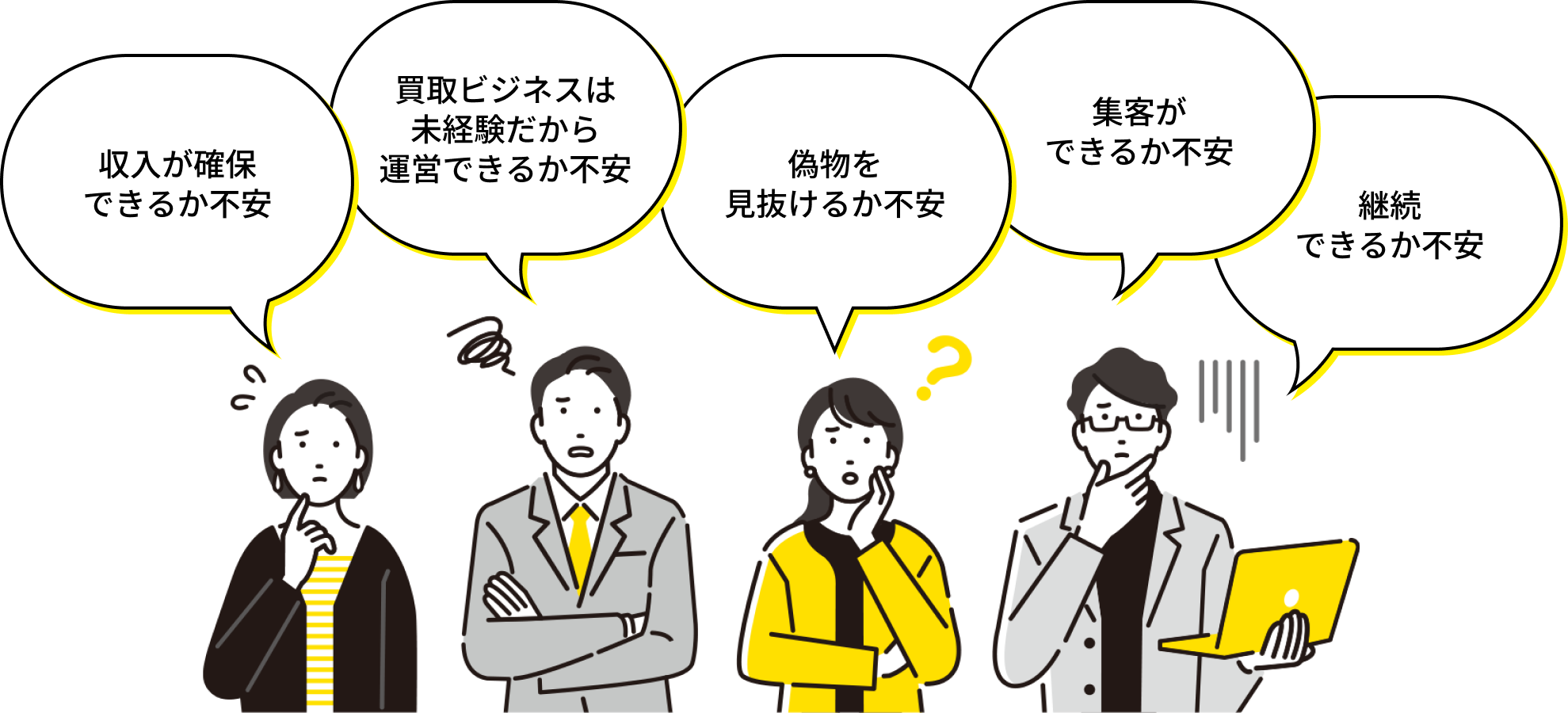 買取ビジネスは未経験だから運営できるか不安集客ができるか不安継続できるか不安収入が確保できるか不安偽物を見抜けるか不安
